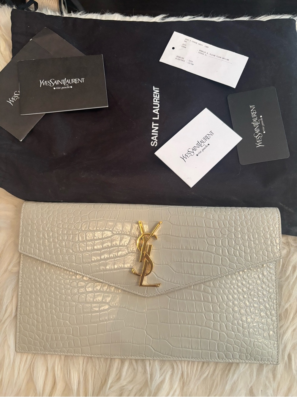 Saint Laurent Cream Croc-Embossed Envelope Clutch with Gold YSL - Picture 2 of 5